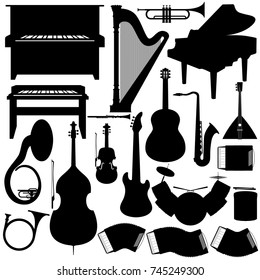 Outline a set of musical instruments. The illustration on a white background.