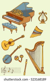 outline a set of musical instruments piano, harp, lyre, guitar, banjo, maracas, fife, flute, color