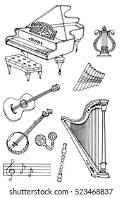 Outline A Set Of Musical Instruments Piano, Harp, Lyre, Guitar, Banjo, Maracas, Fife, Flute