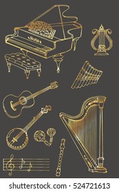 outline a set of musical instruments piano, harp, lyre, guitar, banjo, maracas, fife, flute color gold