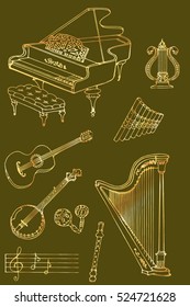 outline a set of musical instruments piano, harp, lyre, guitar, banjo, maracas, fife, flute, color gold, bronze in green background