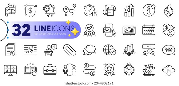 Outline set of Musical note, Bureaucracy and Map line icons for web with Financial documents, Analytics graph, Ranking star thin icon. Podium, Teamwork chart, Timer pictogram icon. Vector
