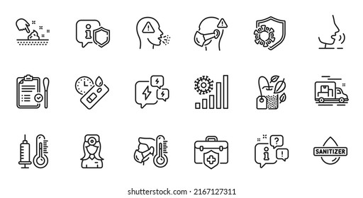 Vorstellung der Symbole für Nasentests, Husten und Stress für Webanwendungen. Talk, Information, Lieferwagen Umriss Symbol. Covid-Test, Oculist-Arzt, Coronavirus-Symbole einschließen. Vektorgrafik