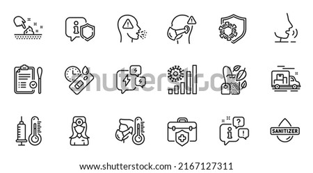 Outline set of Nasal test, Cough and Stress line icons for web application. Talk, information, delivery truck outline icon. Include Covid test, Oculist doctor, Coronavirus icons. Vector