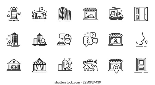 Vorstellung der Icons von Night City, Light House und Court für Webanwendungen. Talk, Information, Lieferwagen Umriss Symbol. Schließen Sie Offene Tür, Build, Einstiegssymbole ein. Vektorgrafik