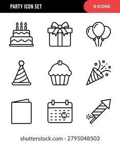 Outline Set of Nine Party and Celebration Icons with Cake, Gift, and Balloons