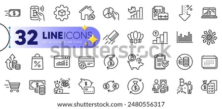 Outline set of No cash, Vacancy and Money transfer line icons for web with Low percent, Currency exchange, Graph laptop thin icon. Growth chart, Change money, Coins banknote pictogram icon. Vector