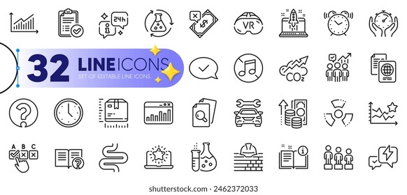 Outline set of No music, Timer and Chemical hazard line icons for web with Chemistry experiment, Help, Equality thin icon. Approved message, Business statistics, Inspect pictogram icon. Vector
