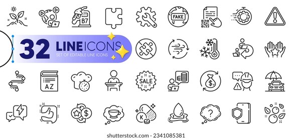 Outline set of No puzzle, Puzzle and Video conference line icons for web with Wind energy, Water splash, Ranking thin icon. Election candidate, Diesel station, Timeline pictogram icon. Vector