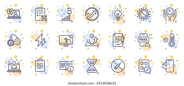 Outline set of No vaccine, Manual and Augmented reality line icons for web app. Include Fake news, Medical tablet, Bitcoin graph pictogram icons. Safe time, Sun protection, Qr code signs. Vector