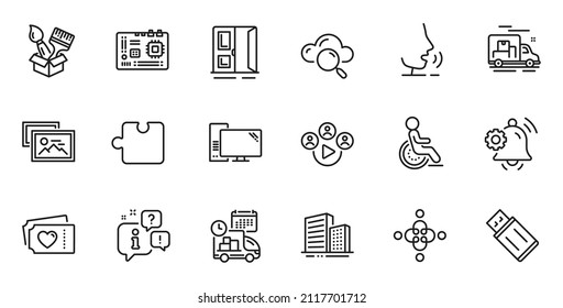 Outline set of Notification bell, Motherboard and Puzzle line icons for web application. Talk, information, delivery truck outline icon. Include Open door, Computer, Love tickets icons. Vector