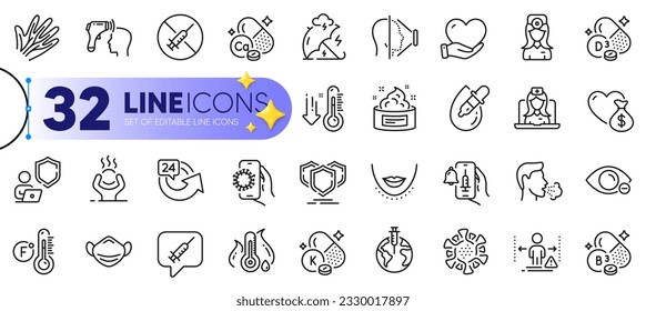 Outline set of Oculist doctor, Skin cream and Eye drops line icons for web with Shield, Face id, Low thermometer thin icon. Vaccine message, Vaccine announcement, Chin pictogram icon. Vector