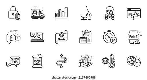 Conjunto de esquema de iconos de línea de marketing de barril de aceite, termómetro y seo para aplicaciones web. Hable, información, icono de esquema del camión de entrega. Incluya noticias falsas, informe, iconos de riesgo químico. Vector