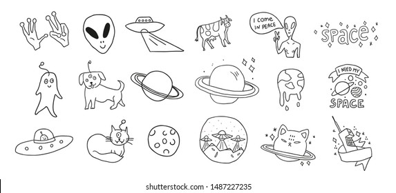 Outline set on a space theme with signs and badges with aliens, animals, spaceships, planets on men in black and xfiles inspired theme. Vector outline doodles isolated on white background. - Vector