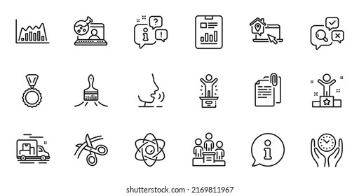 Outline set of Online chemistry, Winner podium and Infographic graph line icons for web application. Talk, information, delivery truck outline icon. Vector
