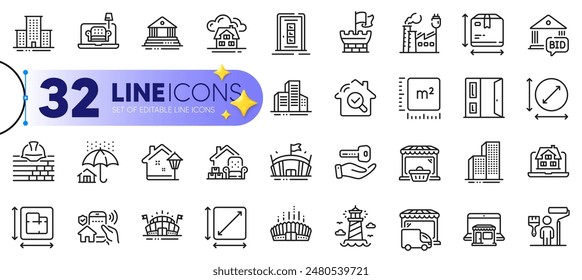 Esquema conjunto de mercado en línea, oferta de oferta e iconos de línea de puerta abierta para el Web con la casa de compra, Plan de piso, campus universitario icono delgado. Estadio Arena, camión de reparto. Diseño con estrellas 3d amarillas. Vector