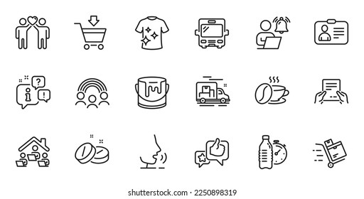 Outline set of Online market, User notification and Fitness water line icons for web application. Talk, information, delivery truck outline icon. Vector svg