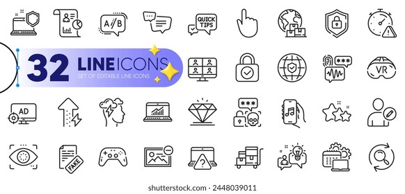 Conjunto de esquema de pregunta en línea, atención y diamante iconos de línea para el Web con Eliminar Imagen, Detección de ojos, Seo adblock icono delgado. Software, escudo, icono de pictograma de informe. Carrito de inventario. Vector