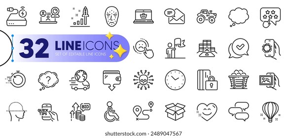 Outline set of Online shopping, Talk bubble and Development plan line icons for web with Coal trolley, Face scanning, Open box thin icon. Air balloon, Face biometrics, Education pictogram icon. Vector