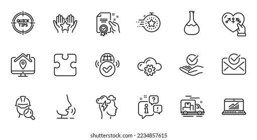 Conjunto de esquemas de estadísticas en línea, inspeccionar y generar iconos de línea para aplicaciones web. Hable, información, icono de esquema del camión de entrega. Incluya los iconos de Cloud Computing, Aprobado, Work home. Vector