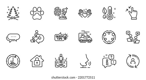 Outline set of Online voting, Touchscreen gesture and Lock line icons for web application. Talk, information, delivery truck outline icon. Include Dots message, Thermometer, User info icons. Vector