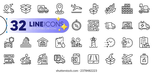 Outline set of Open box, Gps and Delivery time line icons for web with Delivery, Wholesale goods, Car secure thin icon. Bike courier, Shuttle bus, Petrol station pictogram icon. Vector