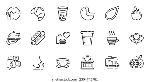 Outline set of Orange, Cooking beaker and Hotdog line icons for web application. Talk, information, delivery truck outline icon. Include Food delivery, Ice creams, Food donation icons. Vector