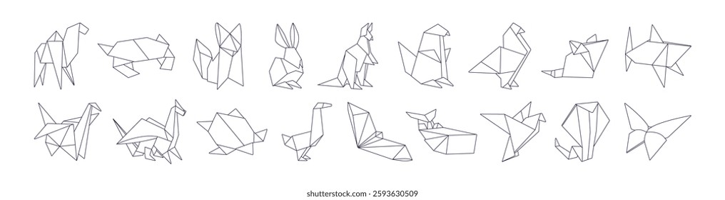 Outline set of origami. Different Japanese crafts, handmade animal shapes with folded paper. Contour geometric figures of cat, birds, crane. Line art isolated vector illustrations on white background