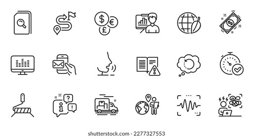Outline set of Outsource work, Environment day and Music making line icons for web application. Talk, information, delivery truck outline icon. Vector