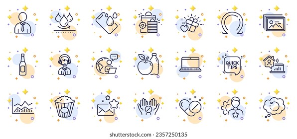 Outline set of Outsource work, Waterproof and Apple line icons for web app. Include Quick tips, Recovery data, Seo shopping pictogram icons. Shipping support, Popcorn, Human signs. Omega. Vector