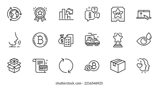 Umrisse von Packing-Boxen, Icons für die Buchhaltung von Reichtum und neue Zeilen für Webanwendungen. Talk, Information, Lieferwagen Umriss Symbol. Fügen Sie Refresh Bitcoin, Augentropfen, Bitcoin-Symbole ein. Vektorgrafik