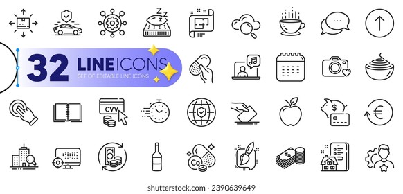 Umrisse von Pinselspitzen, Rahmen- und Swipe-up-Linien-Icons für Web mit Kalender, Transportversicherung, Dots-Nachricht Thin-Icon. Immobilienagentur, Kaffeetasse, Geldwechsel-Piktogramm-Symbol. Vektorgrafik