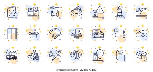 Outline set of Paper wallpaper, Confirmed flight and Petrol canister line icons for web app. Include Petrol station, Cash transit, Metro pictogram icons. Bicycle helmet. Circles with 3d stars. Vector