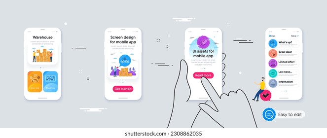 Outline set of Parcel shipping, Dj controller and Smile line icons for web application. Phone ui interface. Include Wallet, Balloon dart, Shower icons. Vector