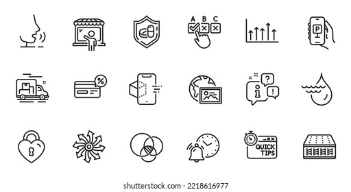 Conjunto de esquemas de la aplicación Parking, el vendedor de mercado y los iconos de la línea de fotos web para la aplicación web. Hable, información, icono de esquema del camión de entrega. Incluya el respaldo, el gráfico de crecimiento, los iconos del reloj de alarma. Vector