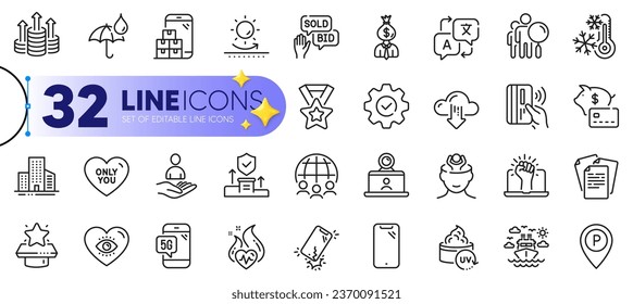 Conjunto de esquemas de iconos de línea de Parking, Manager y Security agency para web con Meditation eye, Video conference, Cloud download thin icon. Piggy bank, Translate, icono del pictograma comercial global. Vector