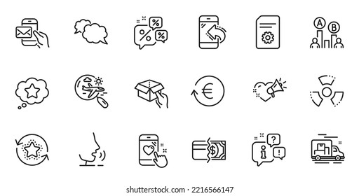 Conjunto de esquemas de métodos de pago, Riesgo químico e iconos de línea de mensajes de amor para la aplicación web. Hable, información, icono de esquema del camión de entrega. Vector