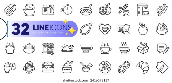 Outline set of Peanut, Vegetable and Cutting board line icons for web with Croissant, Pumpkin seed, Pasta thin icon. Teapot, Apple, Pecan nut pictogram icon. Cafe creme, Coffee break. Vector
