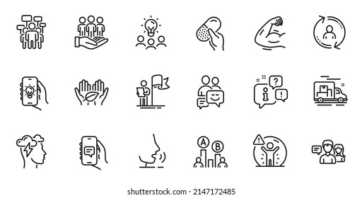 Outline set of People talking, Electric app and Fair trade line icons for web application. Talk, information, delivery truck outline icon. Include Chat app, Mindfulness stress, User info icons. Vector