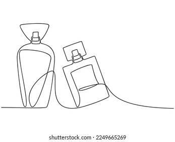 Outline set of perfume bottles vector. One line continuous drawing illustration. Linear silhouette, hand drawn icon. Minimal design element for print, banner, card, wall art poster, brochure.