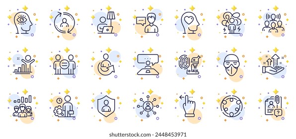 Outline set of Person talk, Fingerprint research and User info line icons for web app. Include Search employee, Share, Mental health pictogram icons. Security, Touchscreen gesture. Vector