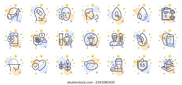 Outline set of Ph neutral, Gluten free and Face scanning line icons for web app. Include Medical analyzes, Medical drugs, Face biometrics pictogram icons. Depression treatment, Skin care. Vector