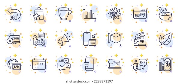 Outline set of Phone calendar, Versatile and Browser window line icons for web app. Include Loyalty points, Delivery, Info pictogram icons. Diagram graph, Web photo, Megaphone signs. Vector