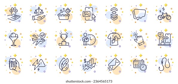 Outline set of Phone image, Cursor and Hook line icons for web app. Include Hypoallergenic tested, T-shirt design, Justice scales pictogram icons. Launder money, E-bike, Confirmed flight signs. Vector