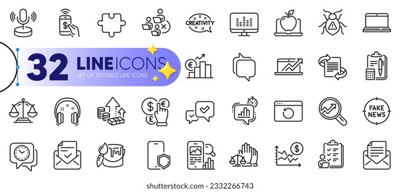 Outline set of Phone payment, Euro rate and Approve line icons for web with Microphone, Phone protect, Software bug thin icon. Money currency, Approved mail, Recovery internet pictogram icon. Vector