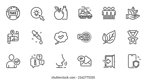 Outline set of Phone protect, Apple and Approved line icons for web application. Talk, information, delivery truck outline icon. Include New mail, Map, 24h service icons. Vector