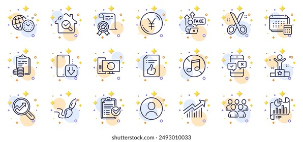 Outline set of Phone survey, Report document and Certificate line icons for web app. Include Fake internet, No music, Demand curve pictogram icons. Recovery computer, Group, Scissors signs. Vector