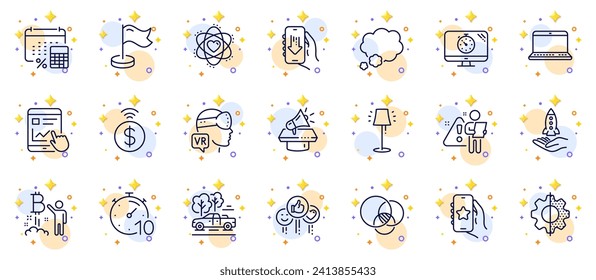 Outline set of Pickup, Atom and Like line icons for web app. Include Crowdfunding, Transform, Euler diagram pictogram icons. Seo timer, Stand lamp, Favorite app signs. Bitcoin project. Vector