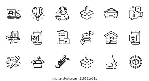 Outline set of Pin marker, Escalator and Parcel tracking line icons for web application. Talk, information, delivery truck outline icon. Include Packing boxes, Parking, Cancel flight icons. Vector