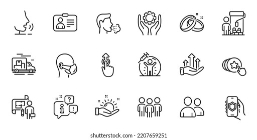 Outline Set Of Plan, Medical Mask And Sunny Weather Line Icons For Web Application. Talk, Information, Delivery Truck Outline Icon. Include Swipe Up, Hold Heart, Painter Icons. Vector